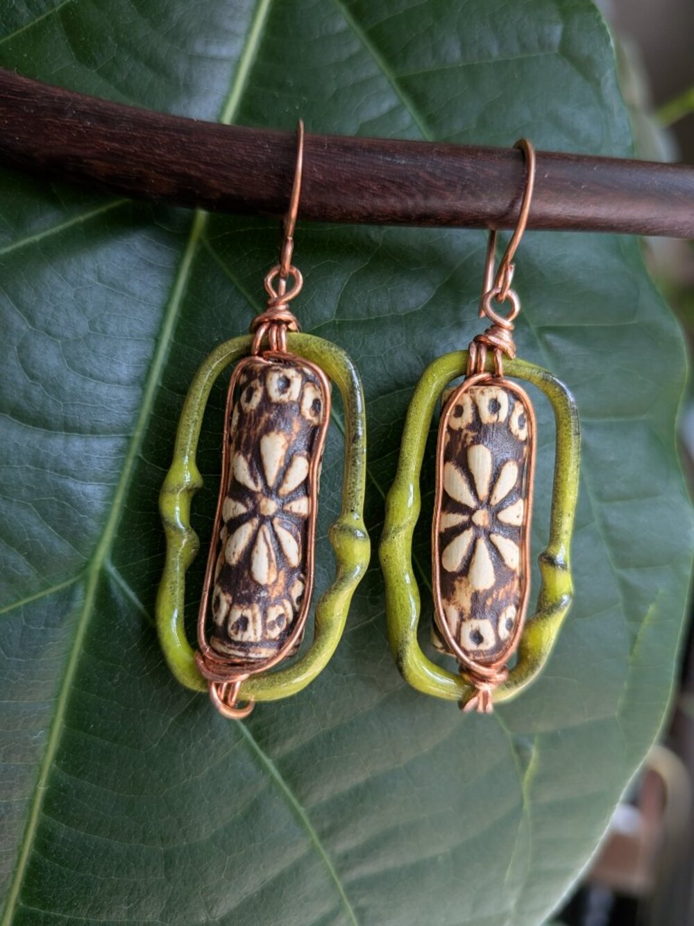 Earthy Woodland Floral Earrings with Enameled Copper Hoops - Picture 7 of 10